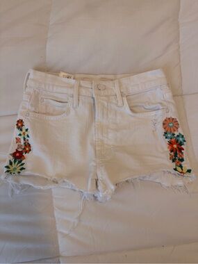 MOTHER White Denim Shorts with Multicolor Floral Embroidery